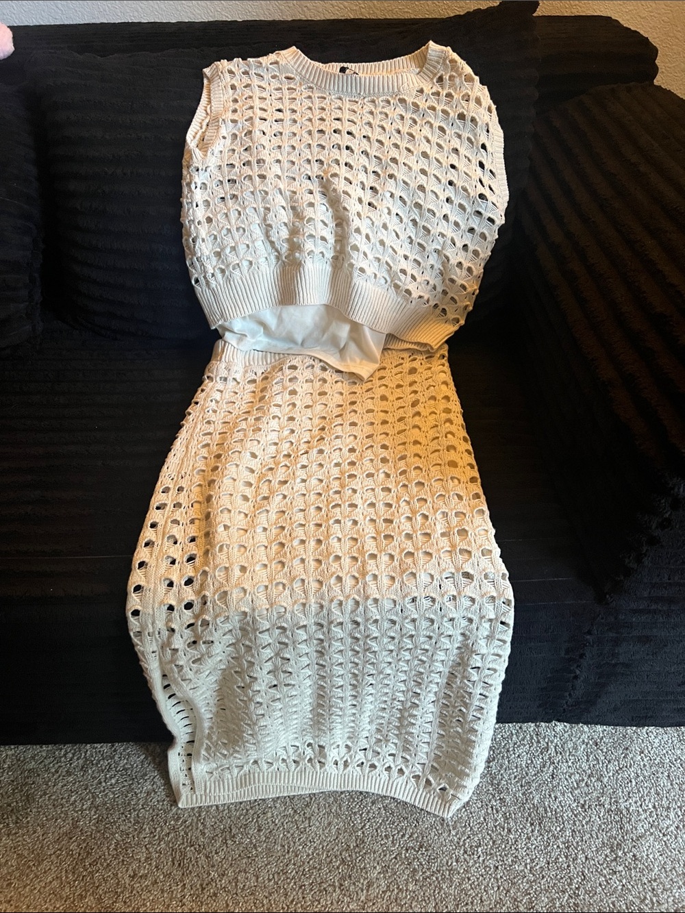 Cream Crochet Knit Two-Piece Dress Set